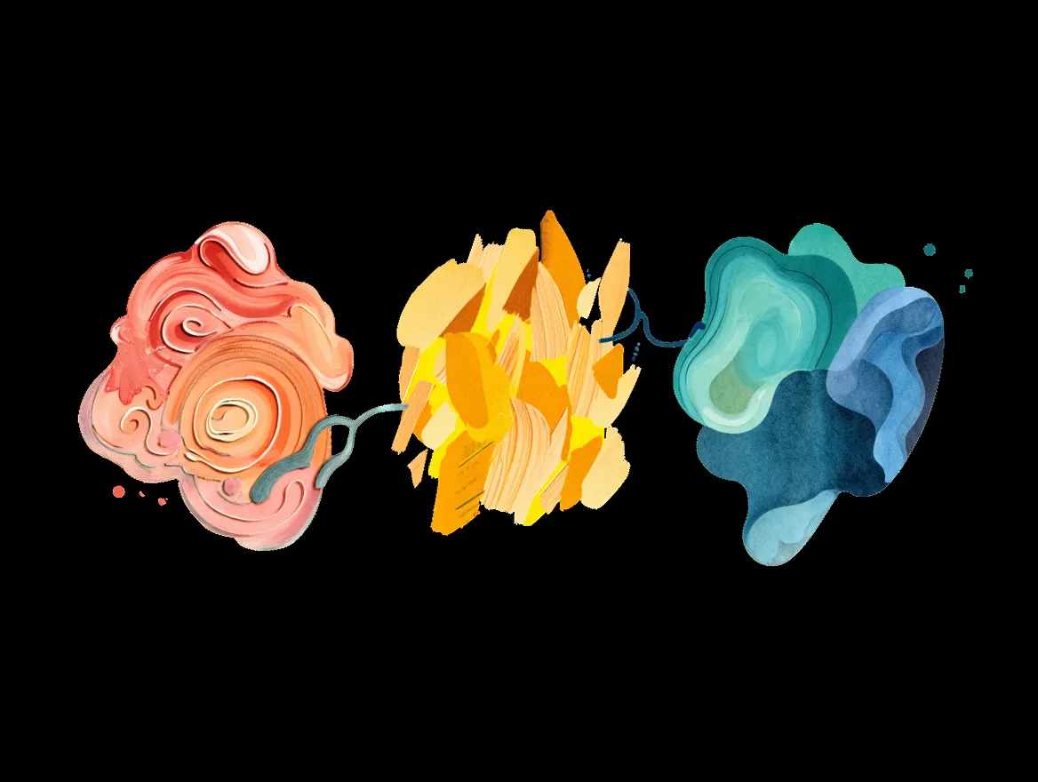 Abstrakt illustrasjon av tre balanserte moduler som representerer ulike aspekter av daglig belastning